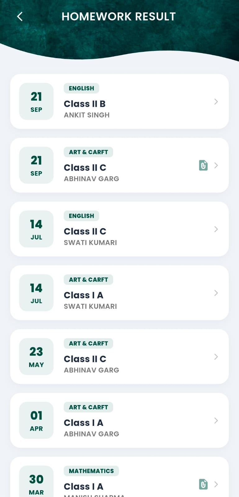 Homework screen in the school app